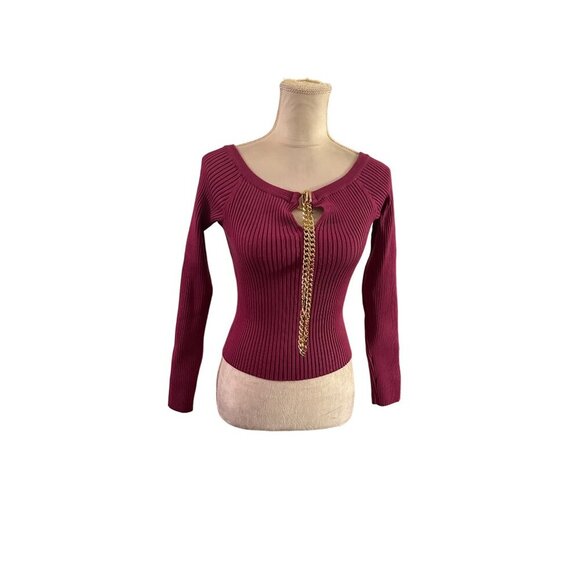 ASTR The Label Philippa Chain Strap Stretchy Sweater Fuchsia Ribbed Chain Sz M - Picture 10 of 14